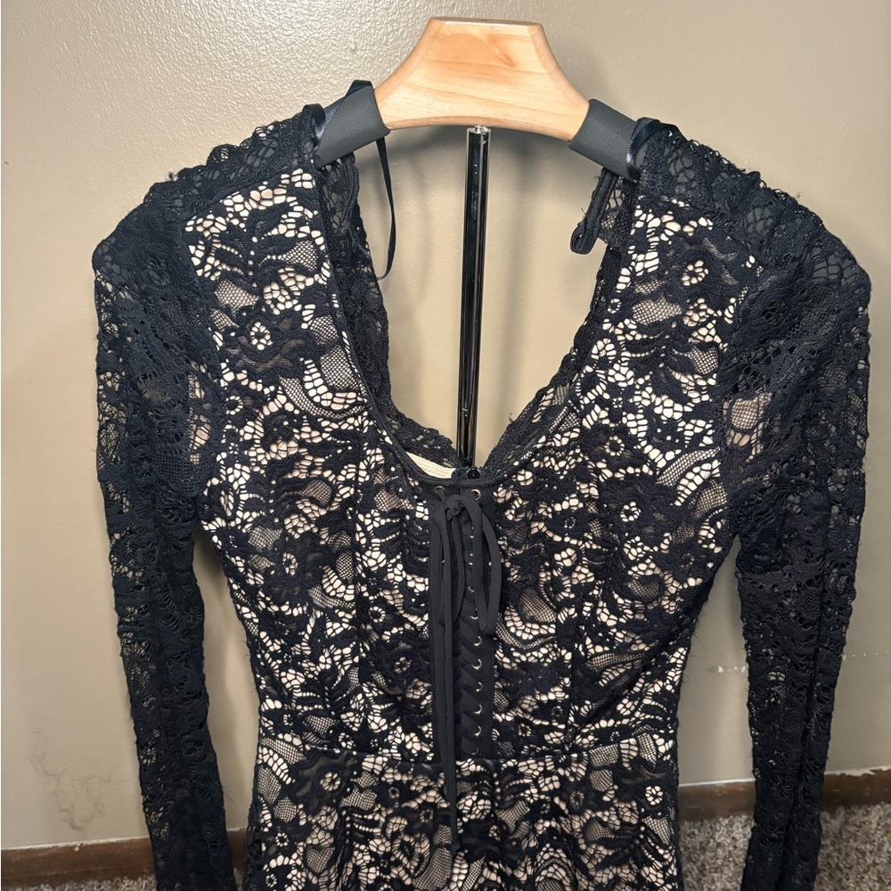 B Darlin Black and White Lace Long Sleeve Dress